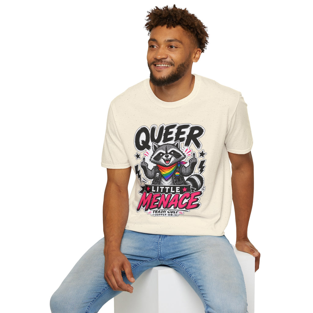 Queer Little Menace T-Shirt — Rainbow Raccoon Pride Graphic