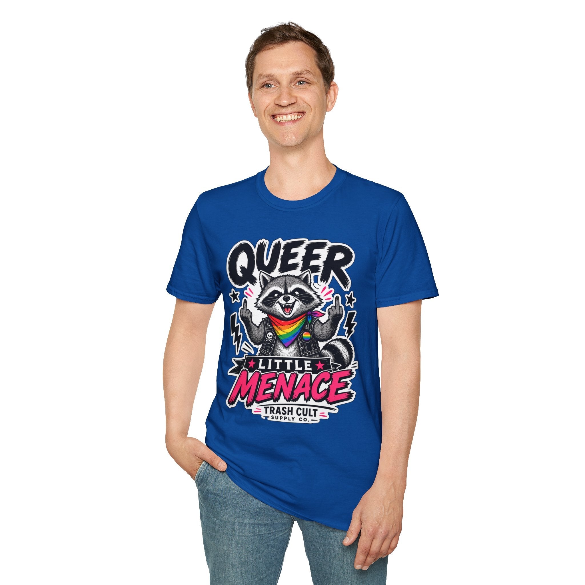 Queer Little Menace T-Shirt — Rainbow Raccoon Pride Graphic