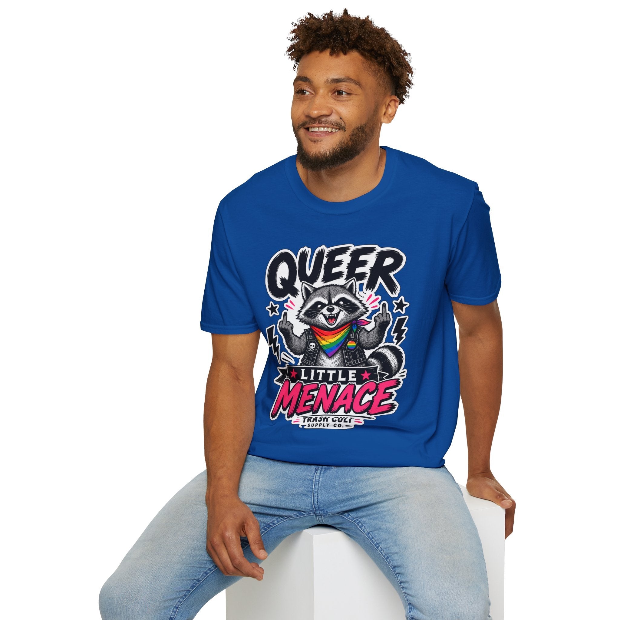 Queer Little Menace T-Shirt — Rainbow Raccoon Pride Graphic