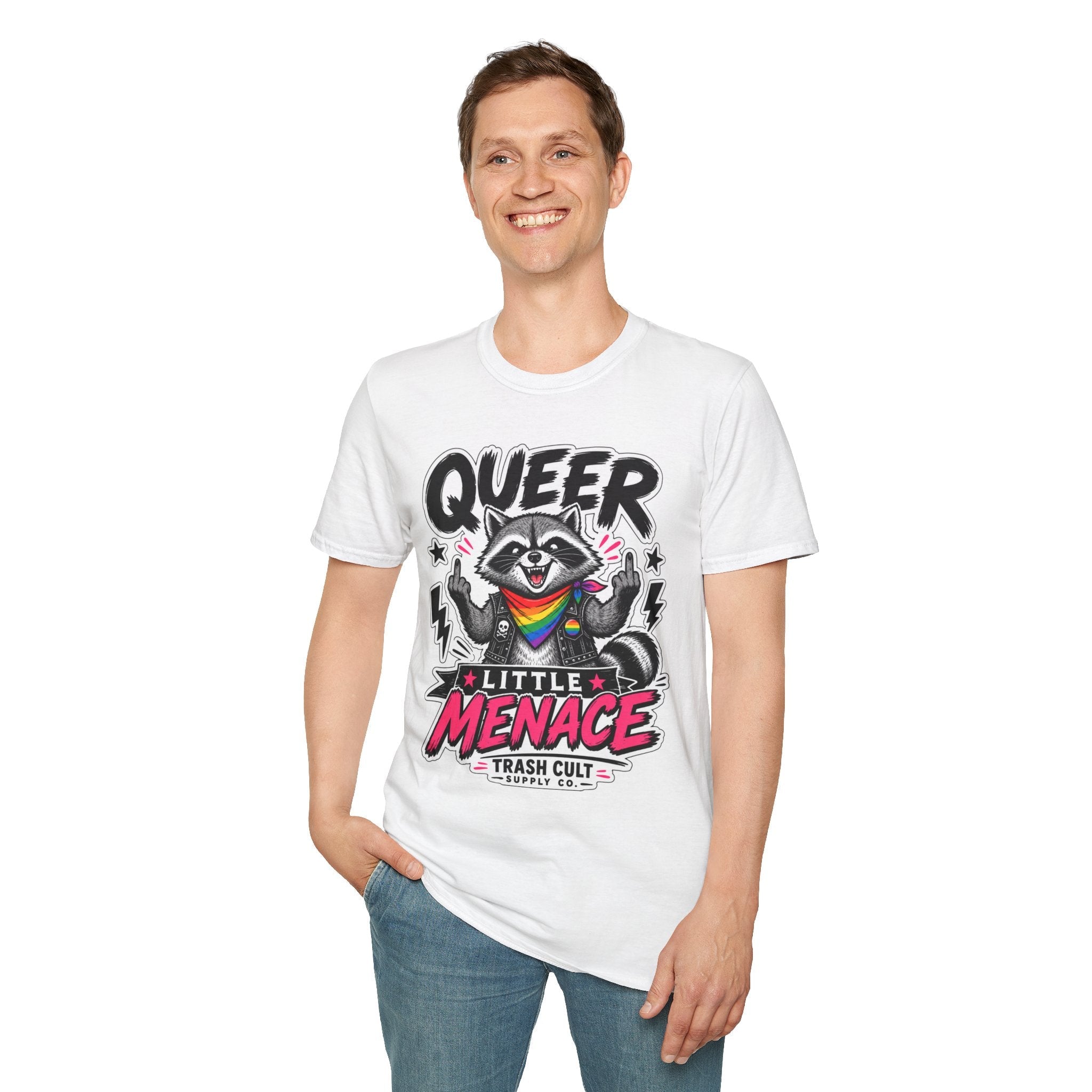 Queer Little Menace T-Shirt — Rainbow Raccoon Pride Graphic