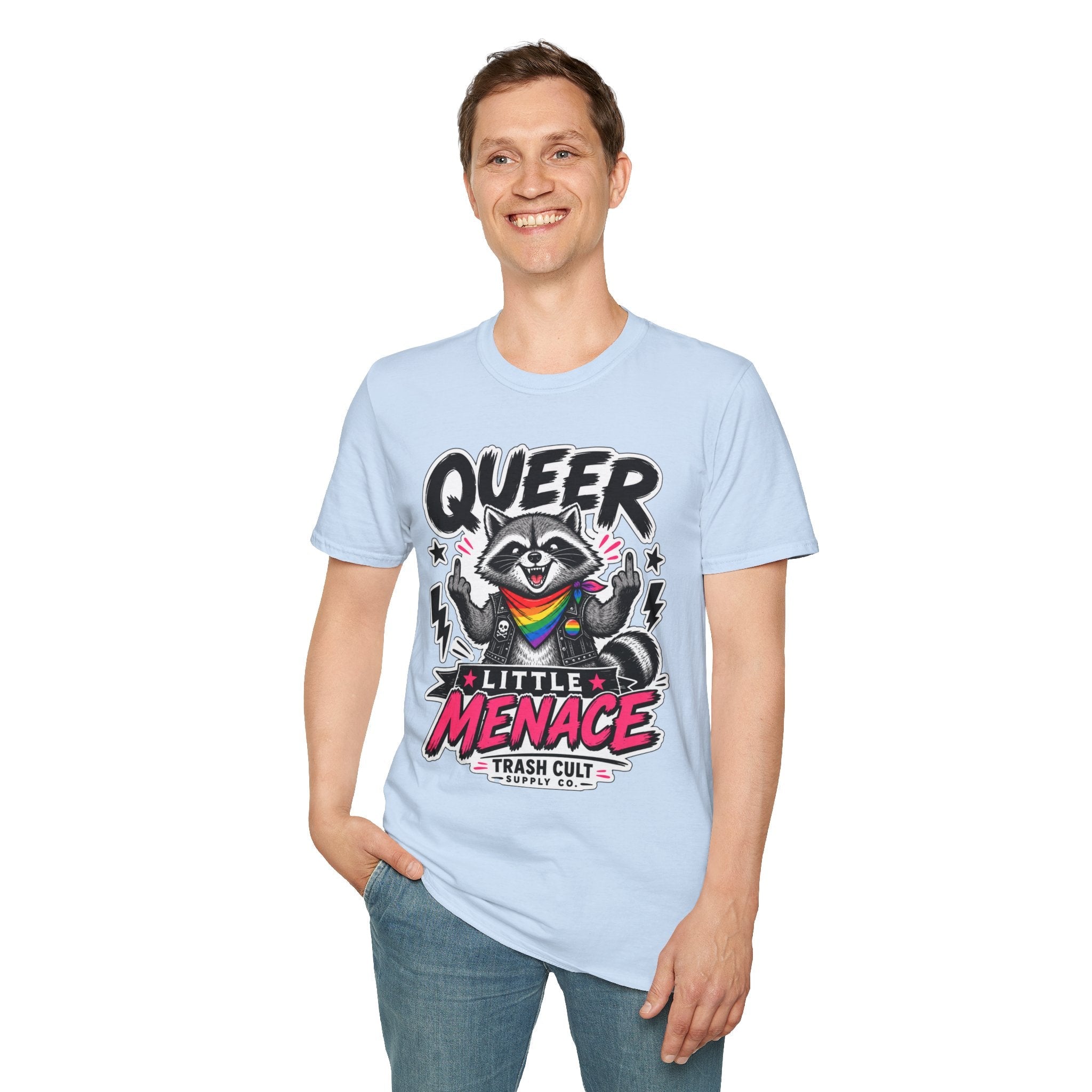 Queer Little Menace T-Shirt — Rainbow Raccoon Pride Graphic