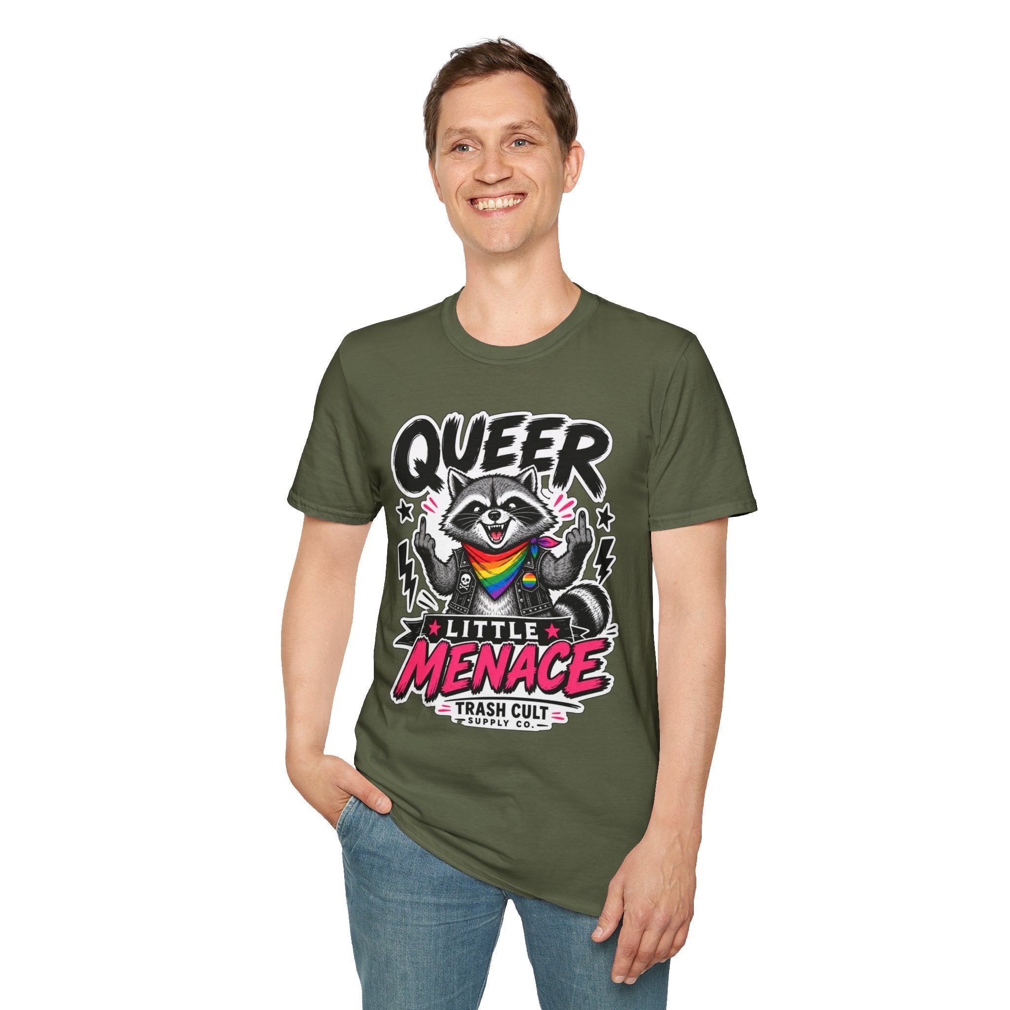 Queer Little Menace T-Shirt — Rainbow Raccoon Pride Graphic
