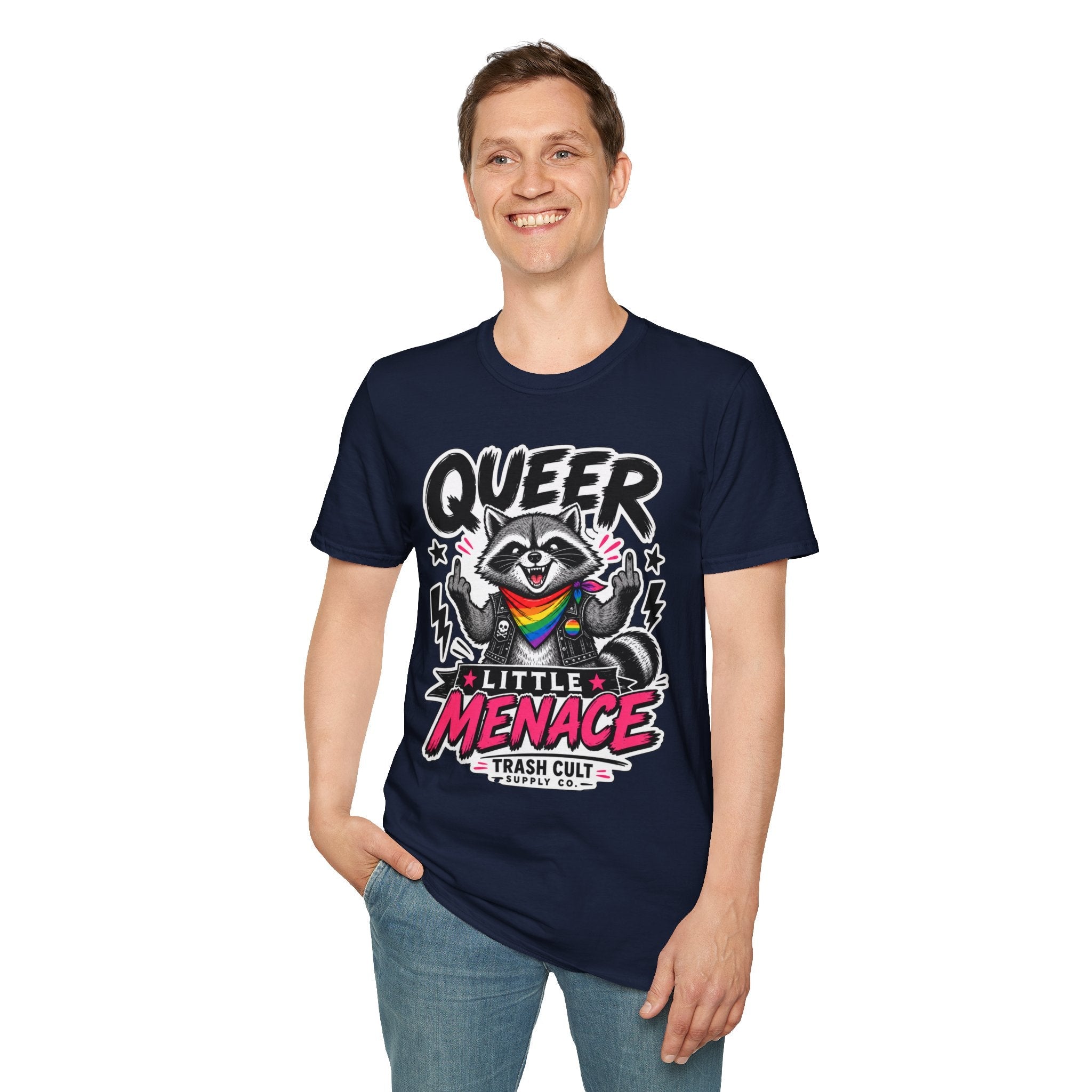 Queer Little Menace T-Shirt — Rainbow Raccoon Pride Graphic