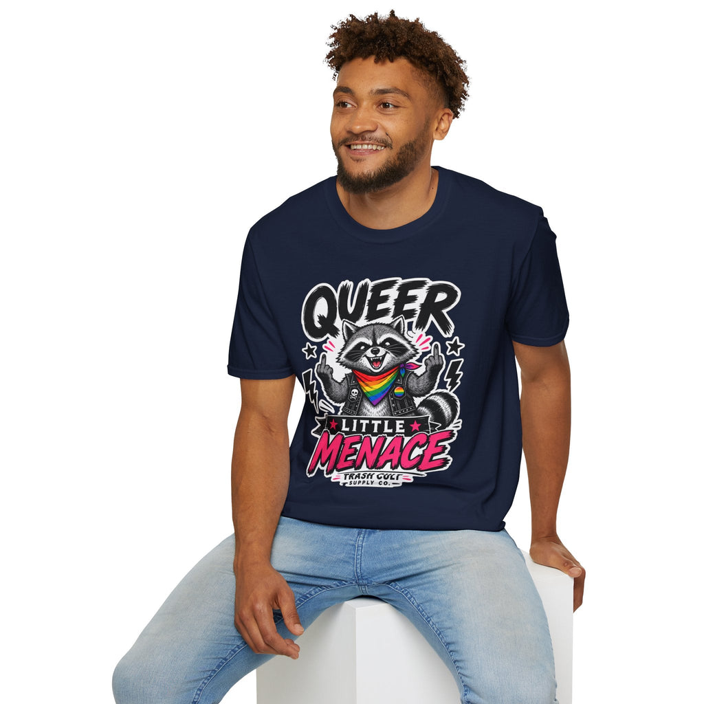 Queer Little Menace T-Shirt — Rainbow Raccoon Pride Graphic