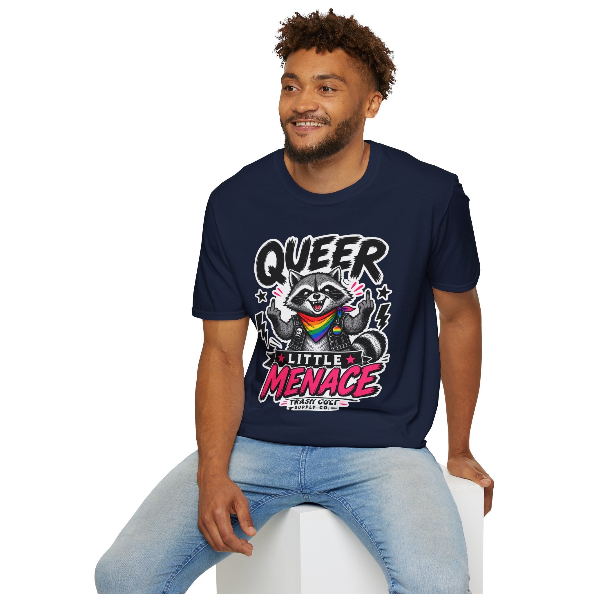 Queer Little Menace T-Shirt — Rainbow Raccoon Pride Graphic
