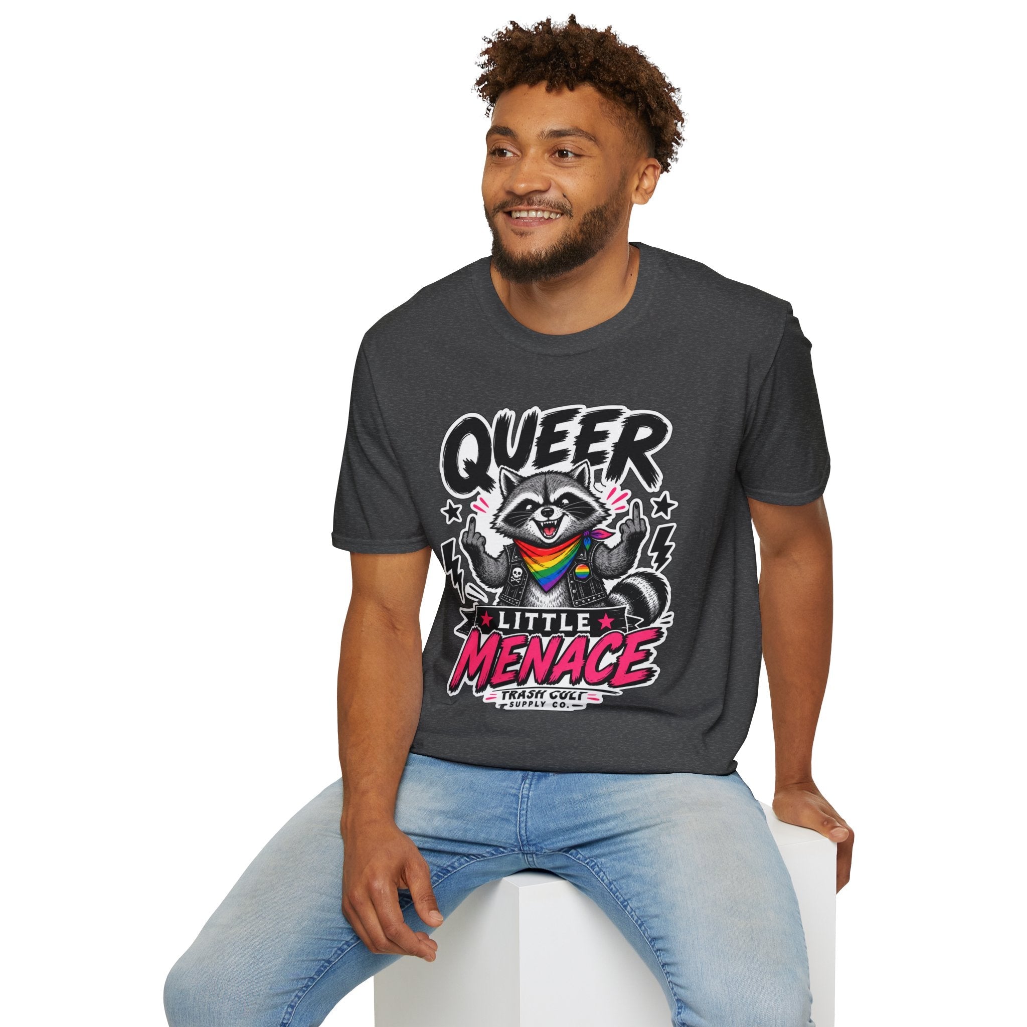 Queer Little Menace T-Shirt — Rainbow Raccoon Pride Graphic