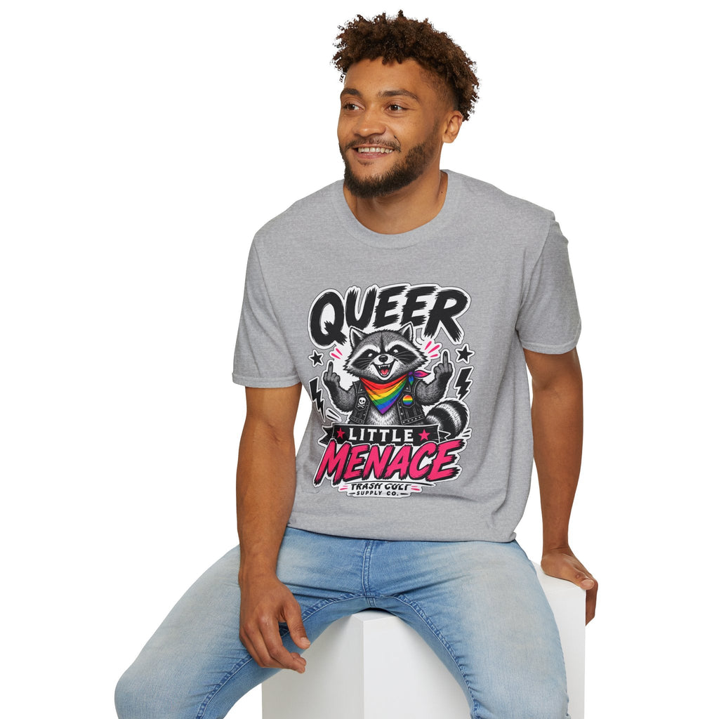 Queer Little Menace T-Shirt — Rainbow Raccoon Pride Graphic