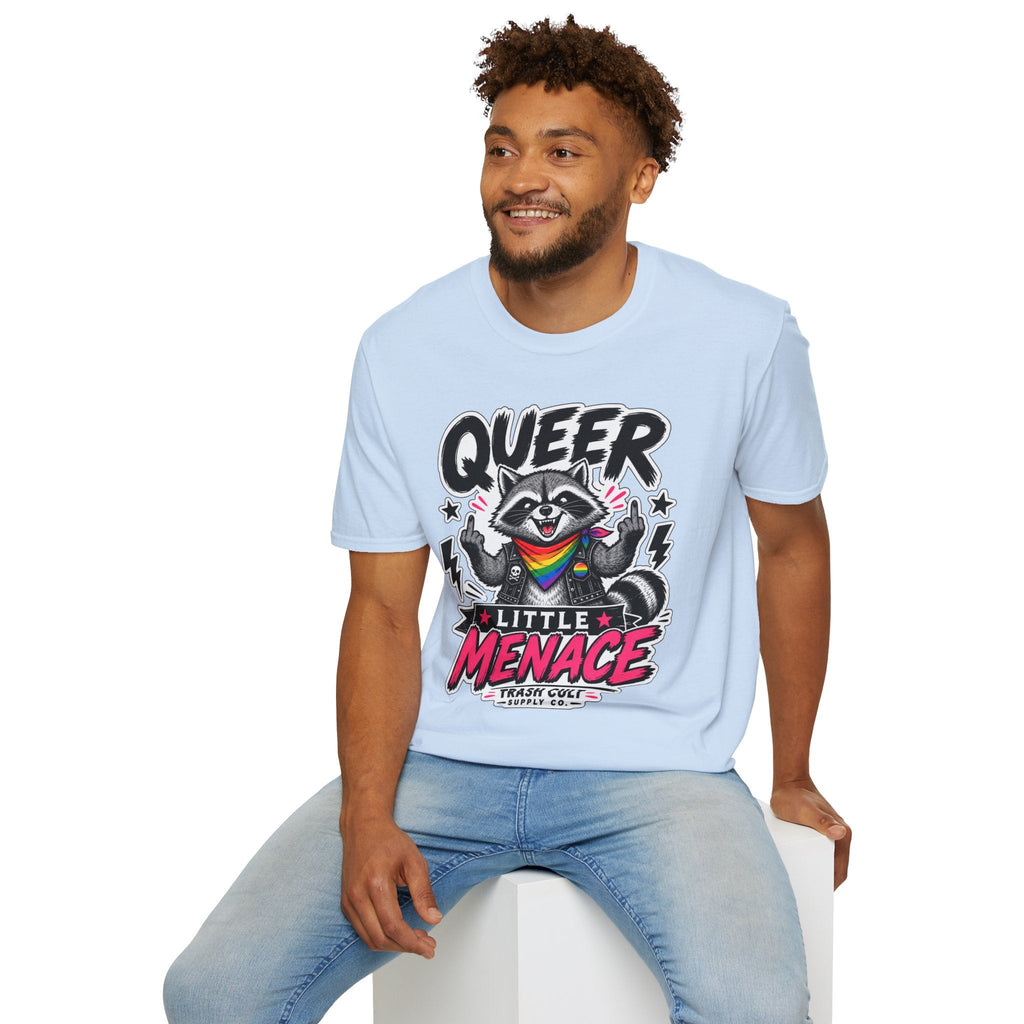 Queer Little Menace T-Shirt — Rainbow Raccoon Pride Graphic