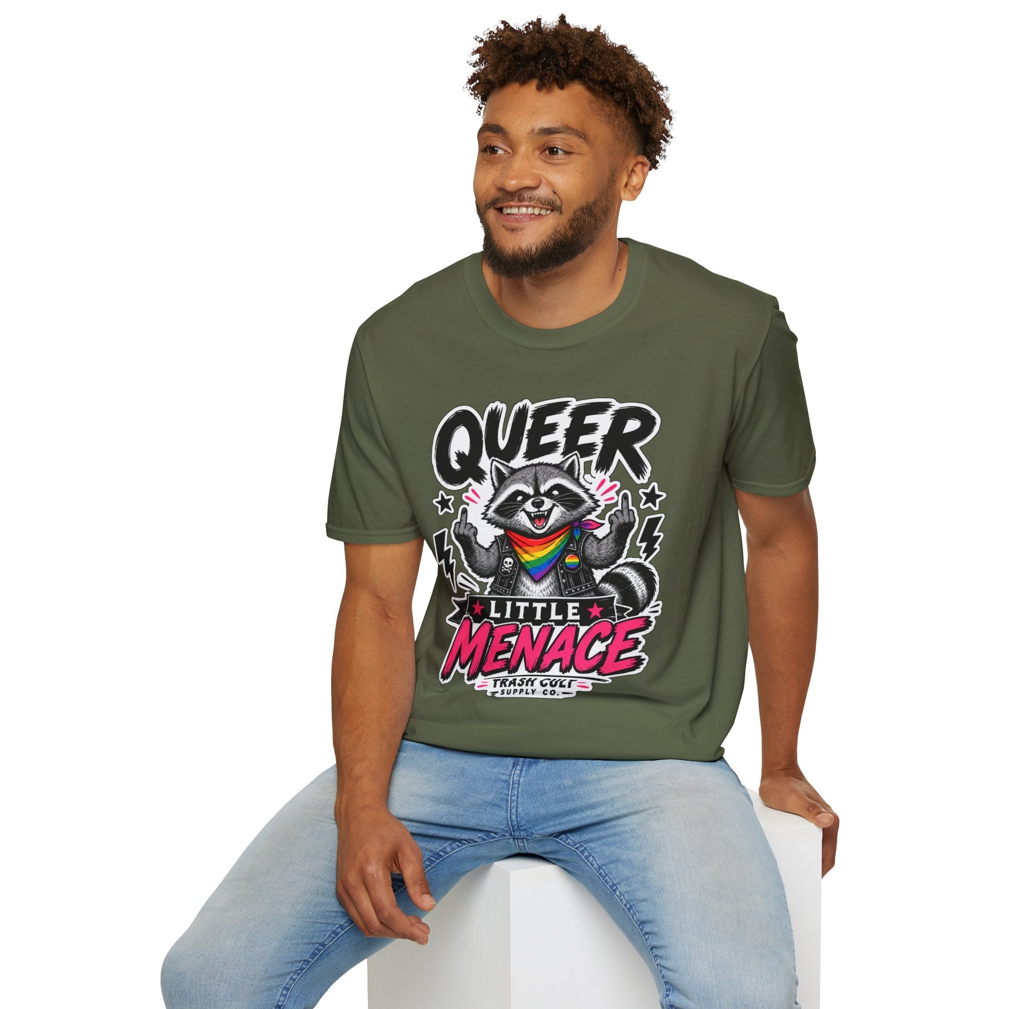 Queer Little Menace T-Shirt — Rainbow Raccoon Pride Graphic