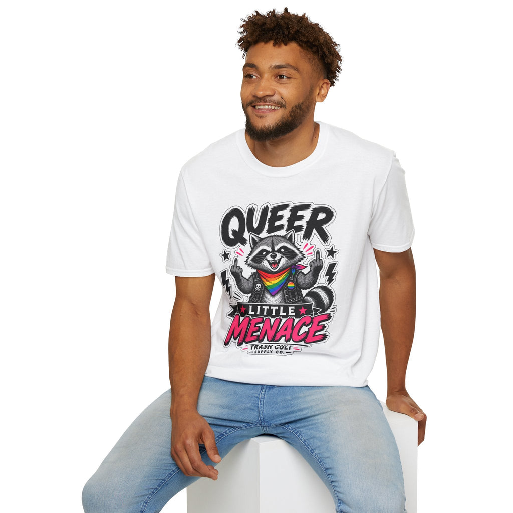Queer Little Menace T-Shirt — Rainbow Raccoon Pride Graphic