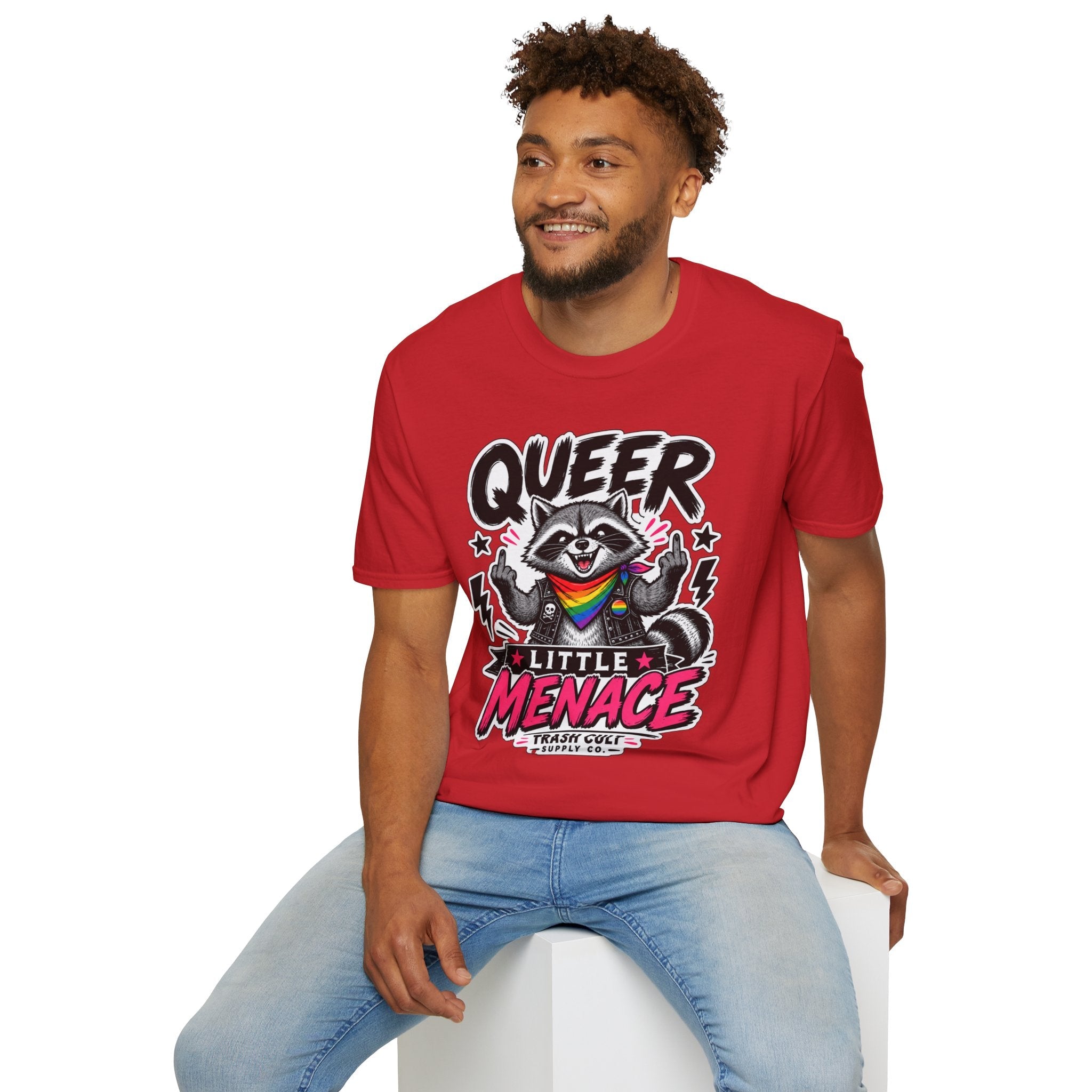 Queer Little Menace T-Shirt — Rainbow Raccoon Pride Graphic