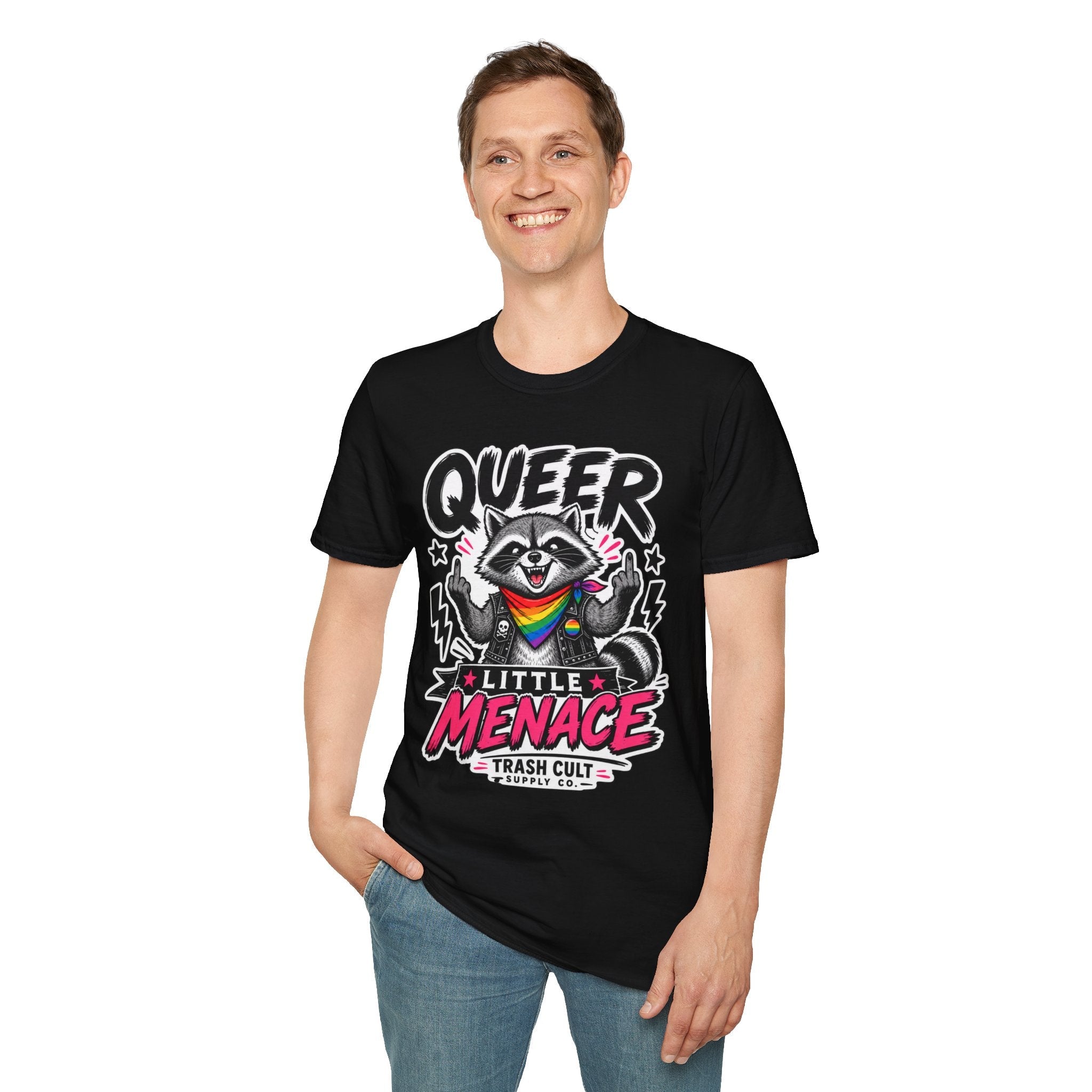 Queer Little Menace T-Shirt — Rainbow Raccoon Pride Graphic
