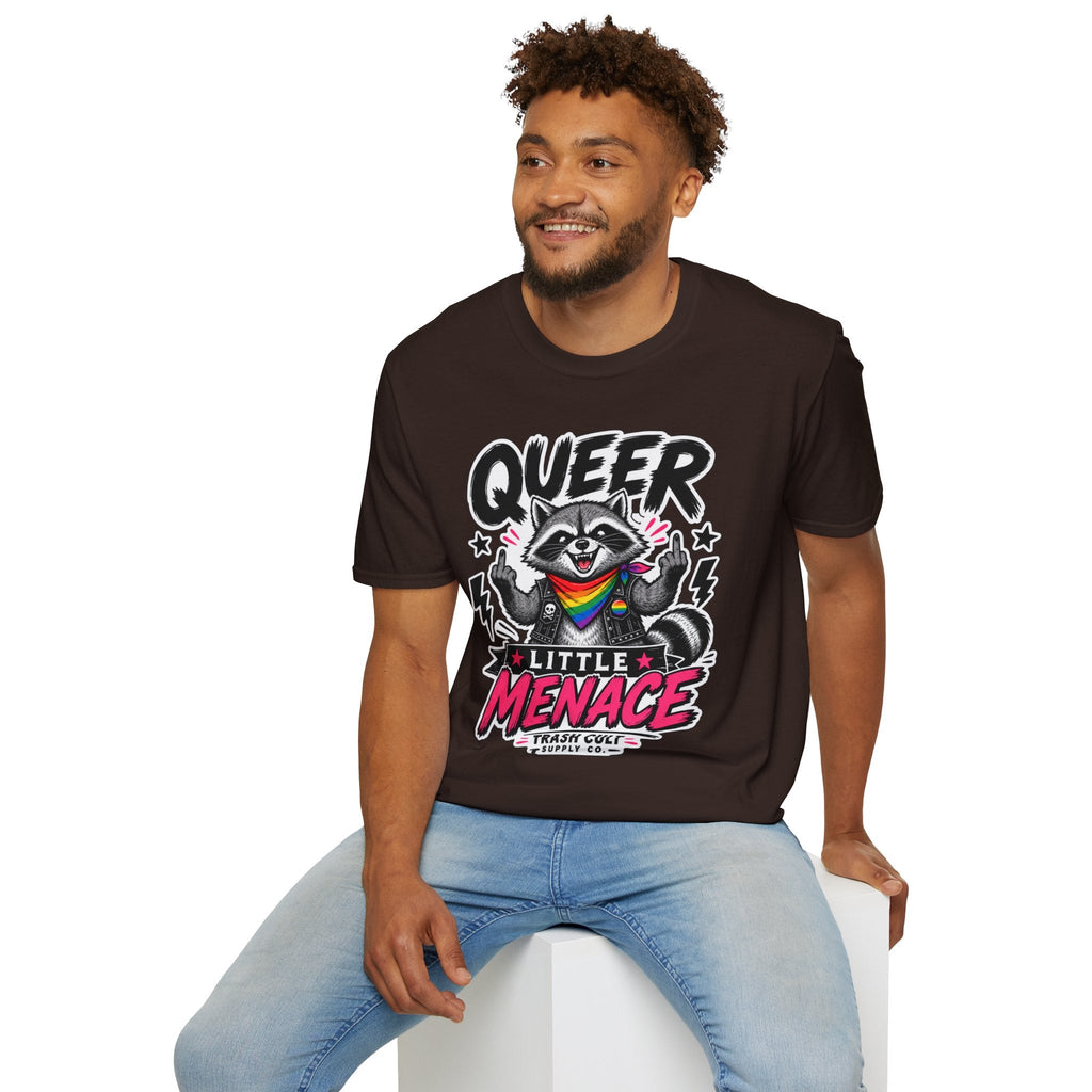 Queer Little Menace T-Shirt — Rainbow Raccoon Pride Graphic