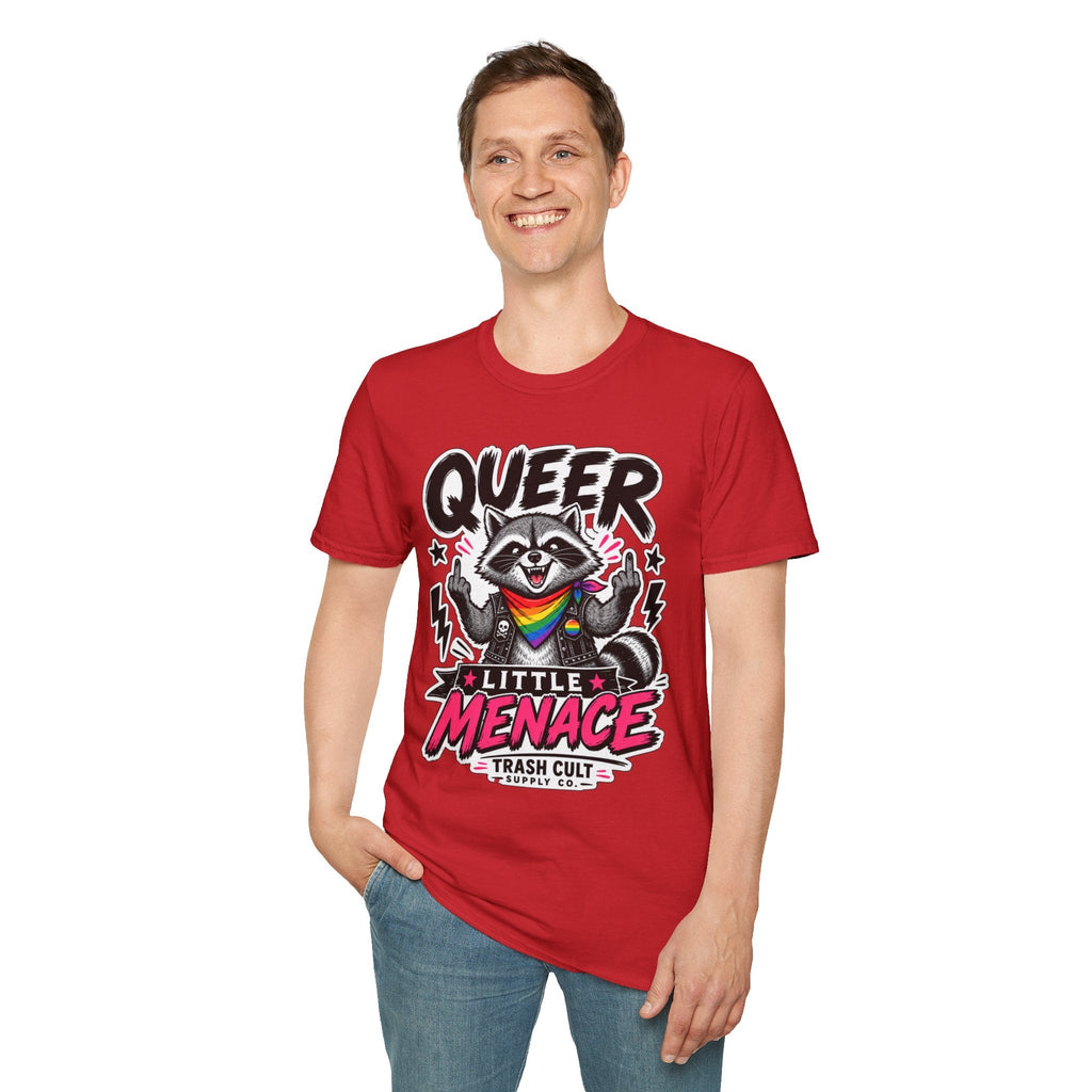 Queer Little Menace T-Shirt — Rainbow Raccoon Pride Graphic