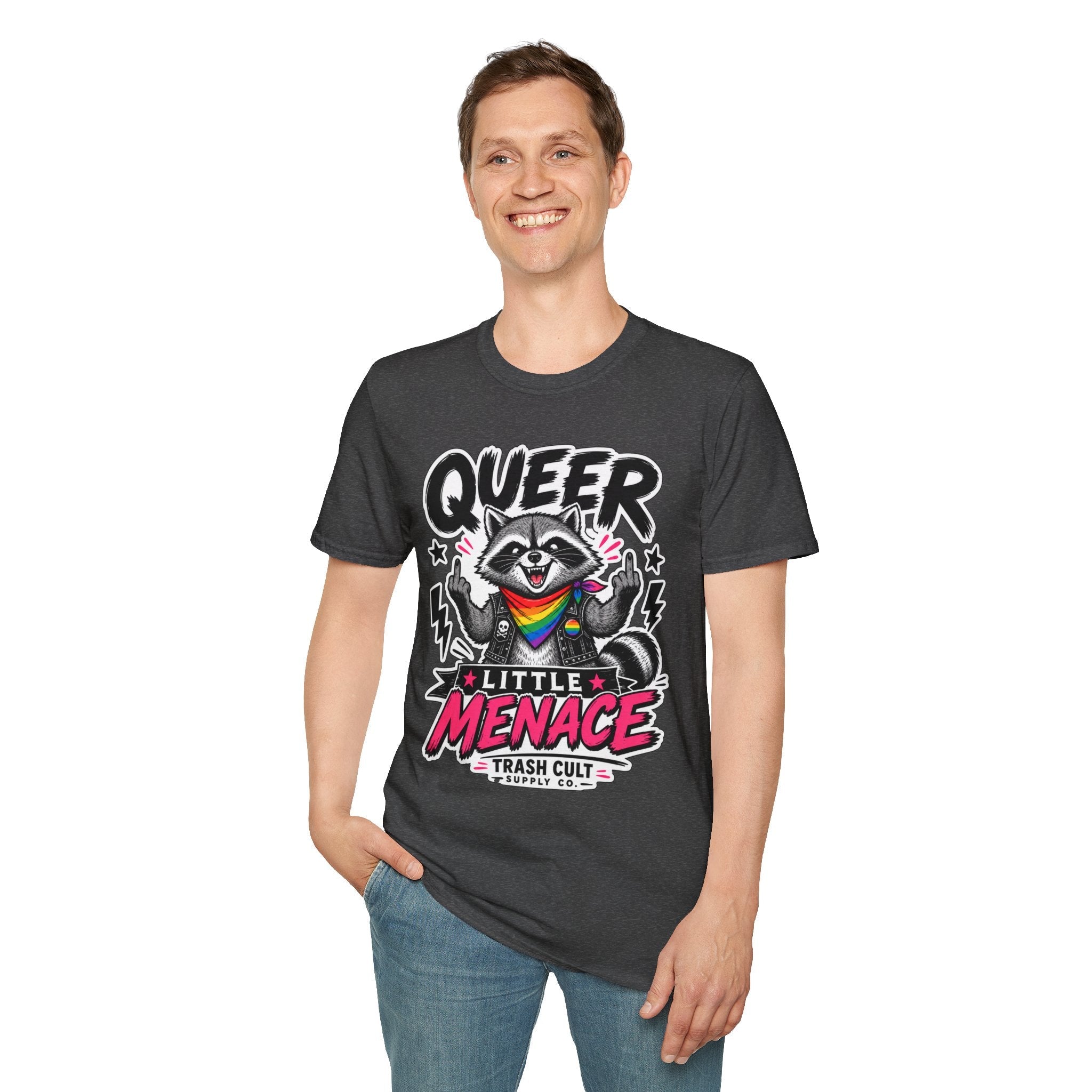 Queer Little Menace T-Shirt — Rainbow Raccoon Pride Graphic