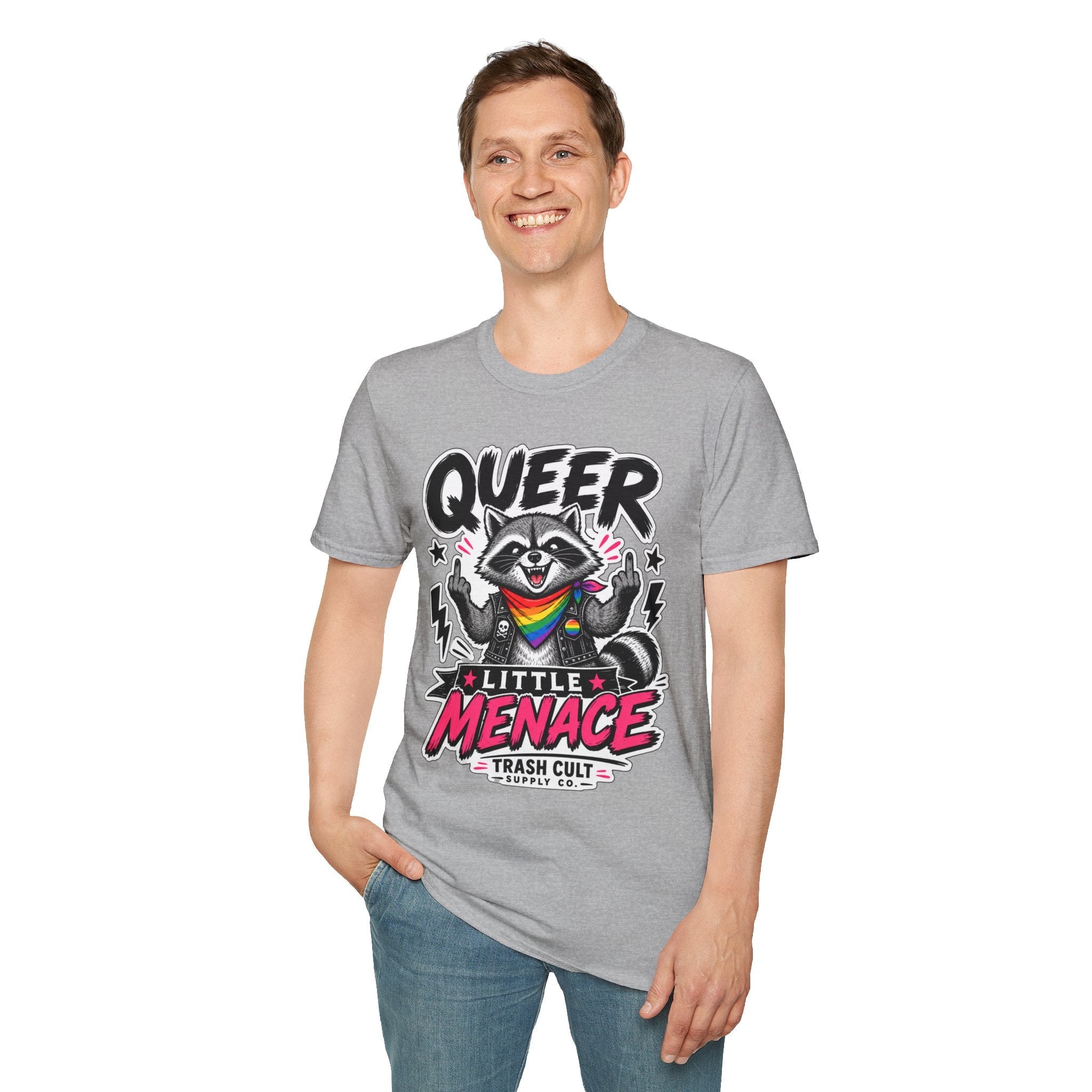 Queer Little Menace T-Shirt — Rainbow Raccoon Pride Graphic