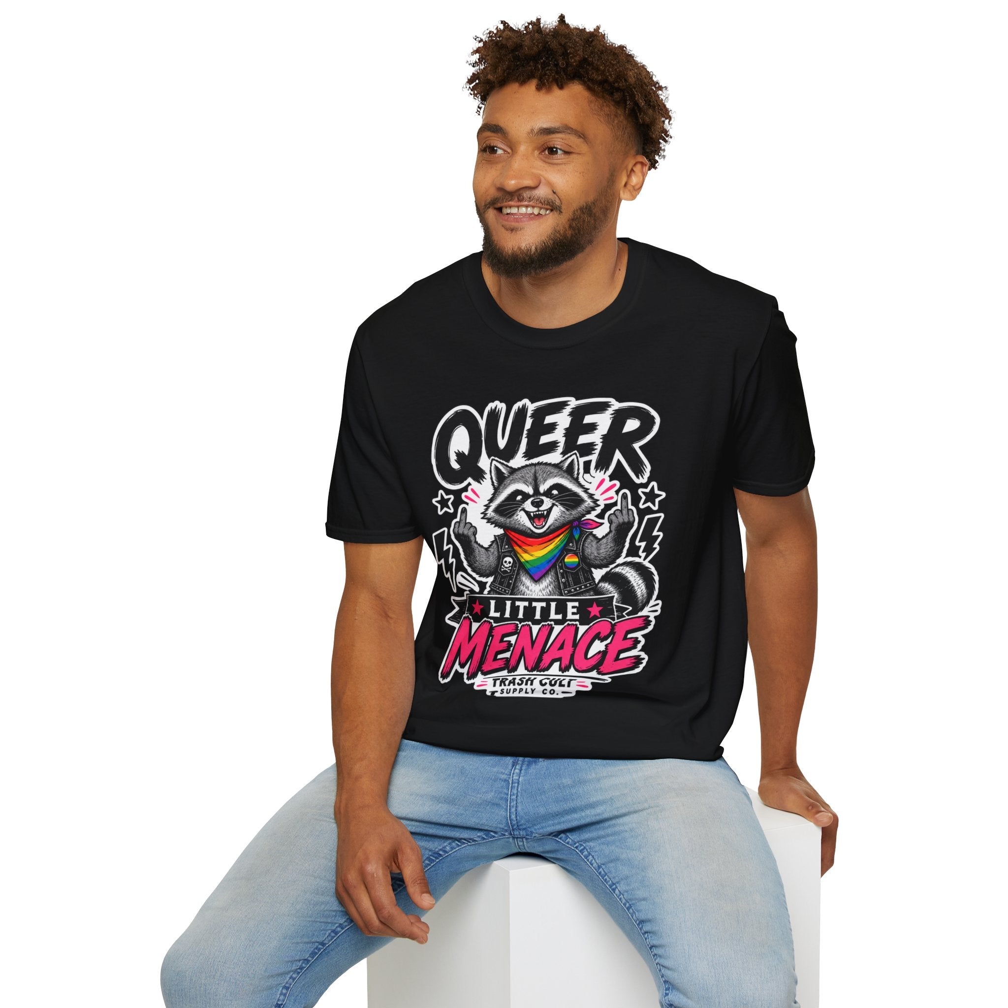 Queer Little Menace T-Shirt — Rainbow Raccoon Pride Graphic