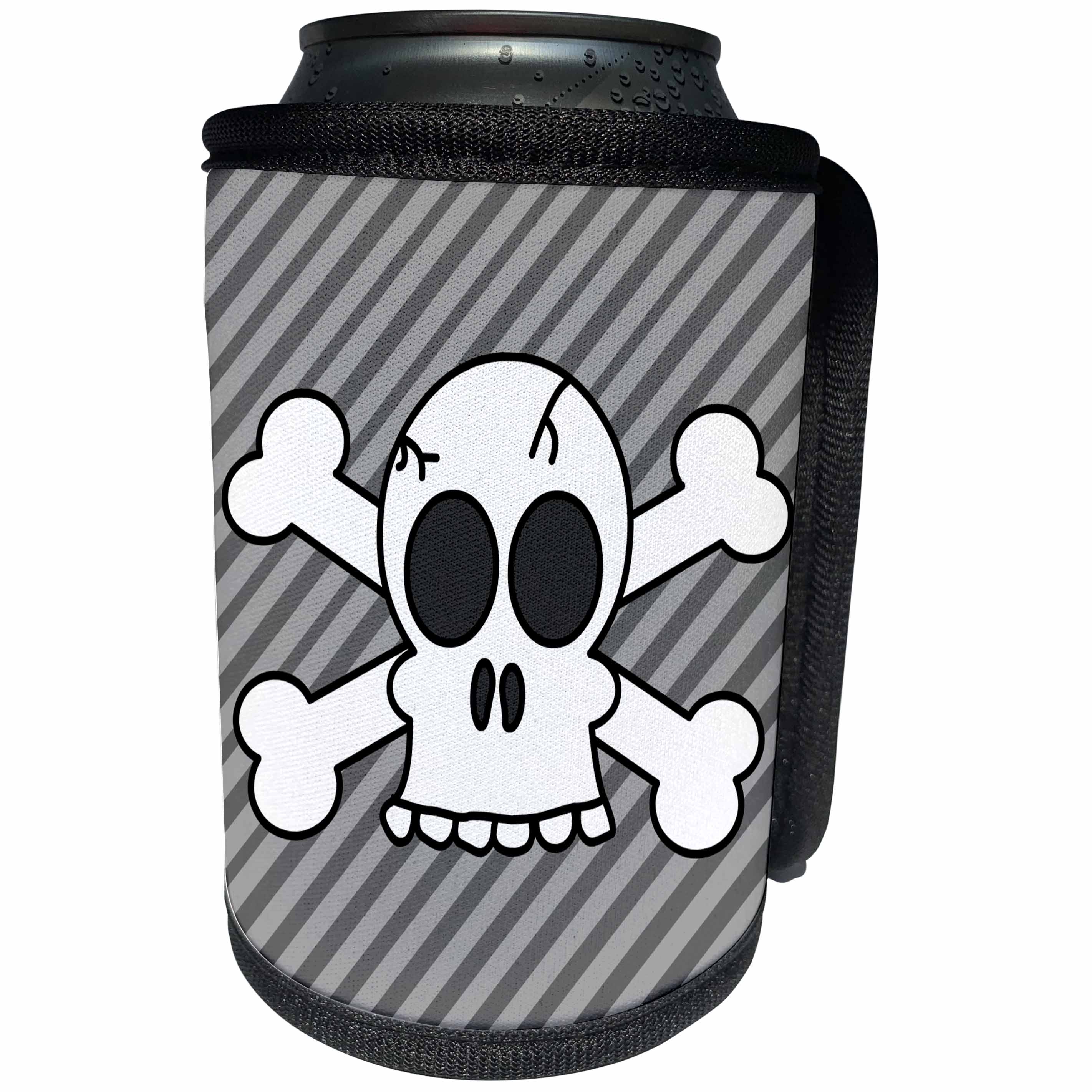 3dRose Janna Salak Designs Gothic - Goth Punk Skull and Crossbones Gray Stripes - Can Cooler Bottle Wrap (cc_6327)