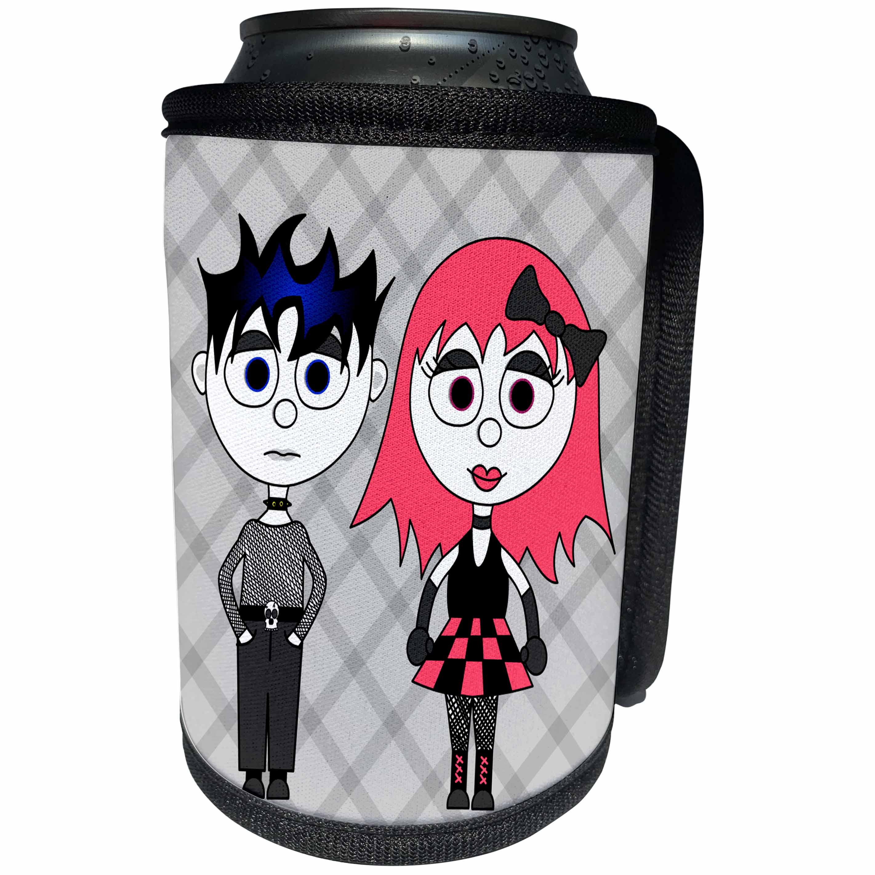 3dRose Janna Salak Designs Gothic - Cute Goth Punk Rock Girl and Boy - Can Cooler Bottle Wrap (cc_6339)