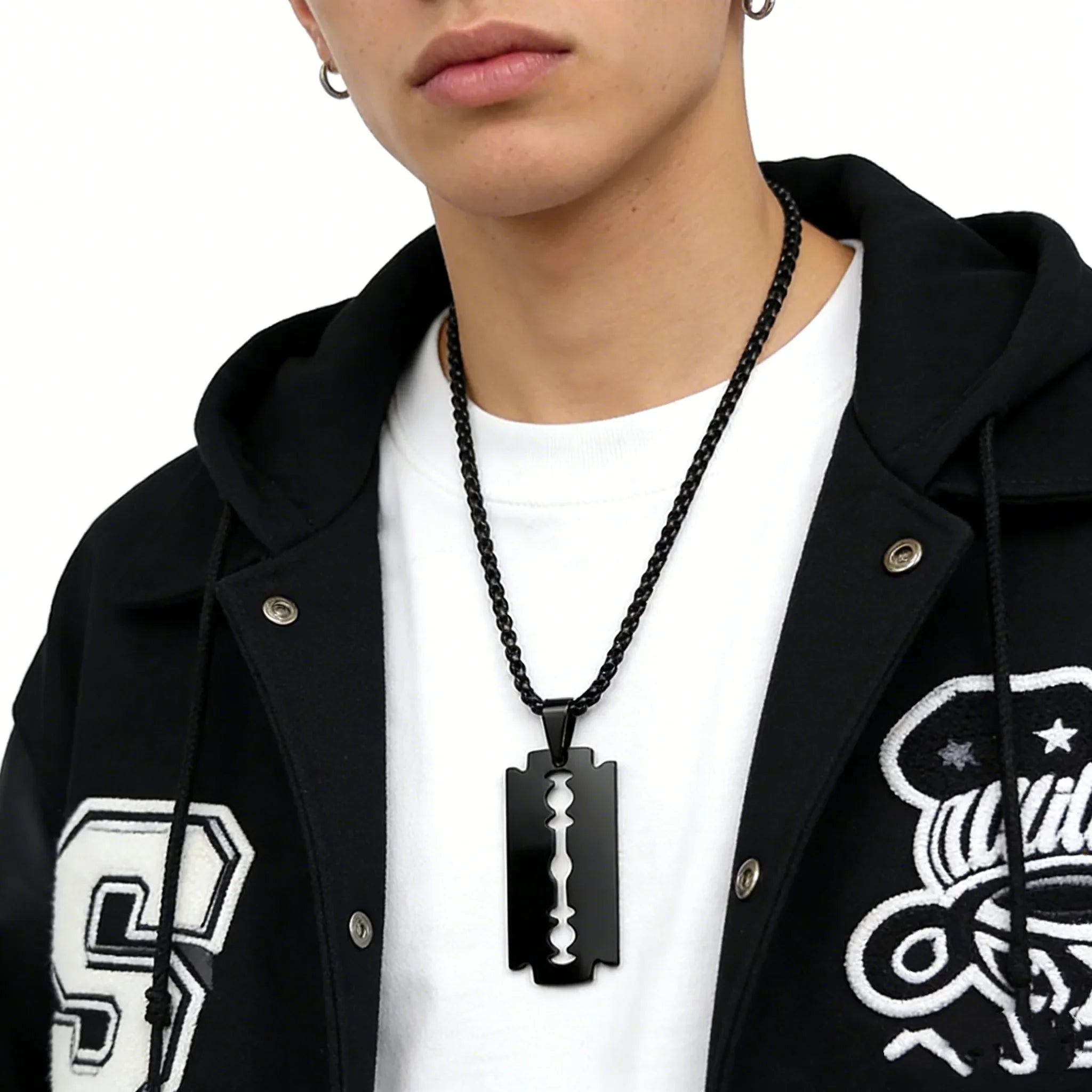 Gothic Blade Razor Pendant Necklace | Stainless Steel Black Goth Men's Chain