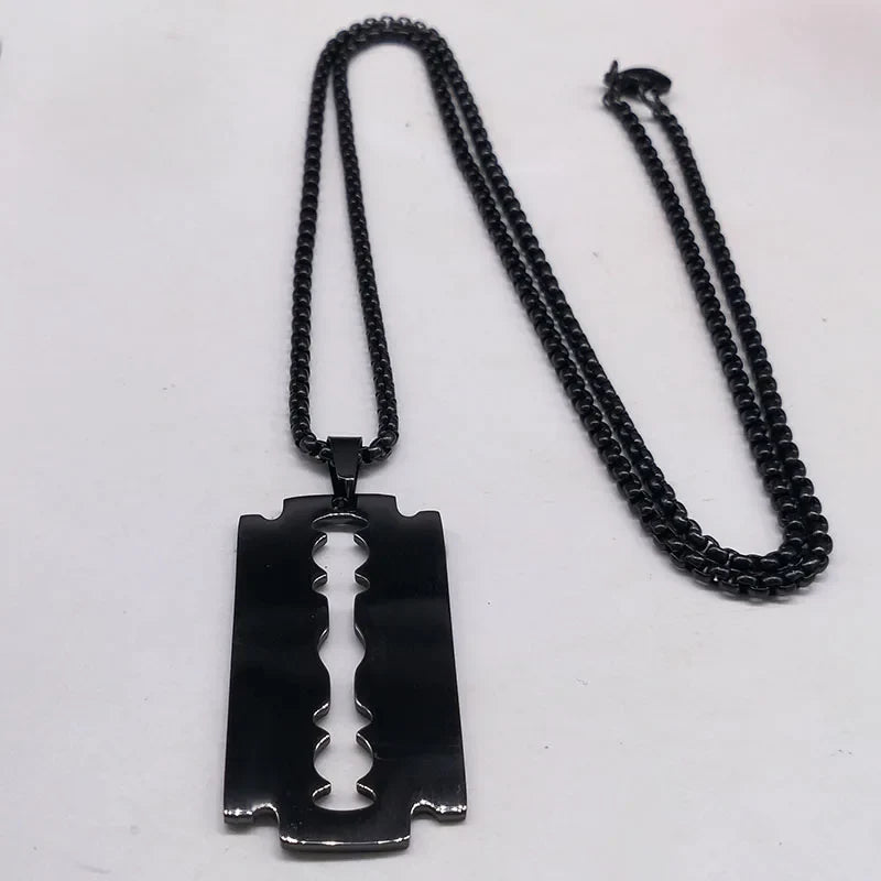 Gothic Blade Razor Pendant Necklace | Stainless Steel Black Goth Men's Chain