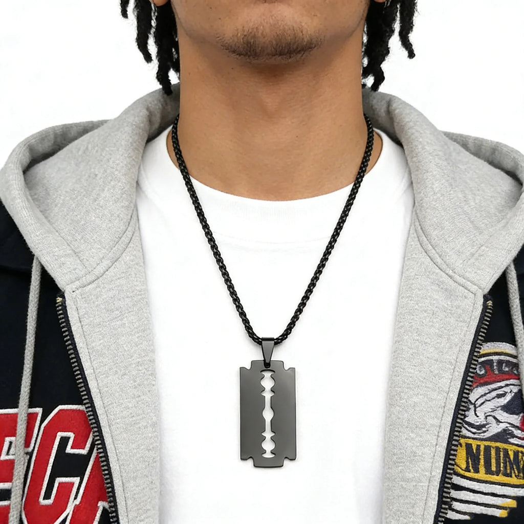 Gothic Blade Razor Pendant Necklace | Stainless Steel Black Goth Men's Chain