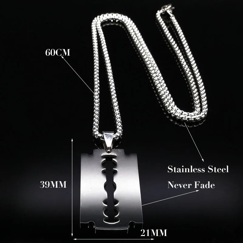 Gothic Blade Razor Pendant Necklace | Stainless Steel Black Goth Men's Chain