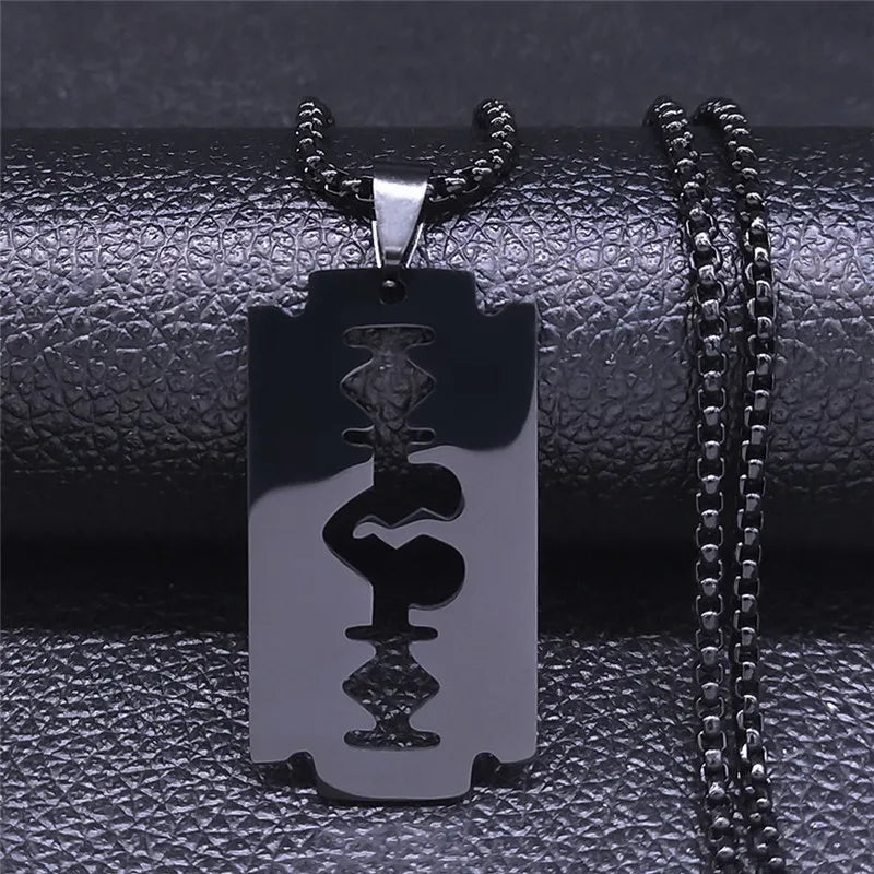 Gothic Blade Razor Pendant Necklace | Stainless Steel Black Goth Men's Chain
