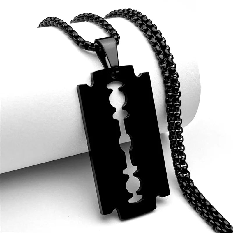 Gothic Blade Razor Pendant Necklace | Stainless Steel Black Goth Men's Chain
