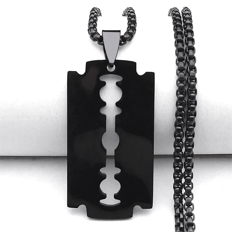 Gothic Blade Razor Pendant Necklace | Stainless Steel Black Goth Men's Chain