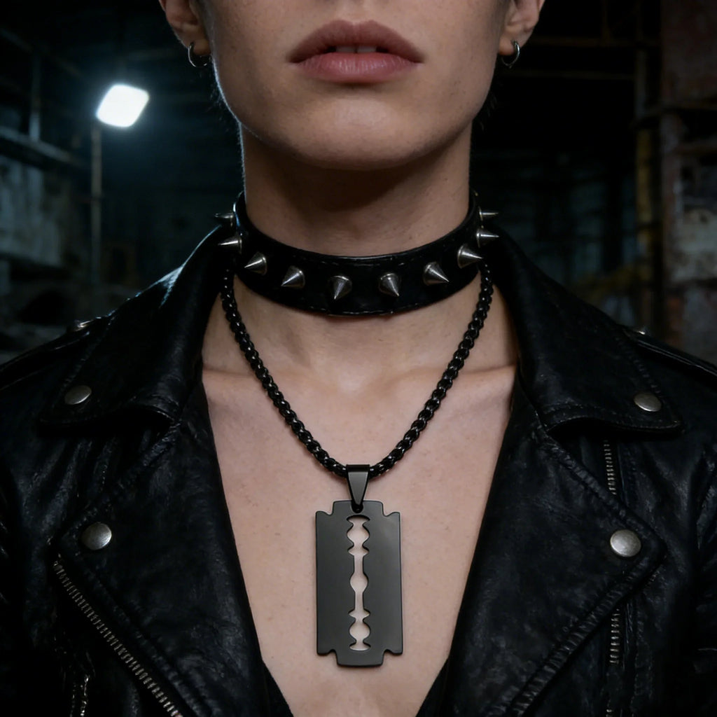 Gothic Blade Razor Pendant Necklace | Stainless Steel Black Goth Men's Chain