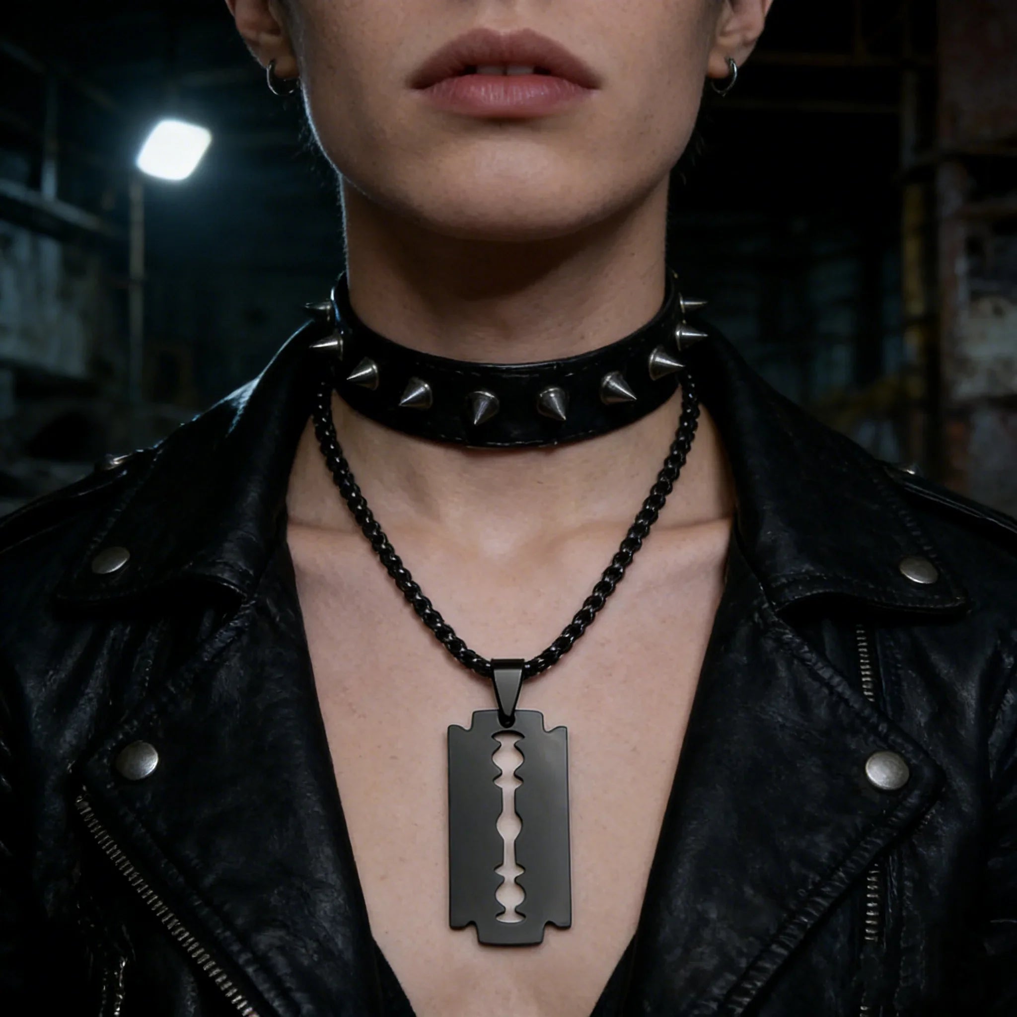 Gothic Blade Razor Pendant Necklace | Stainless Steel Black Goth Men's Chain