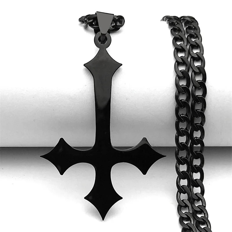 Goth Upside Down Cross Stainless Steel Pendant Necklace | Inverted Crucifix Gothic Jewelry for Men