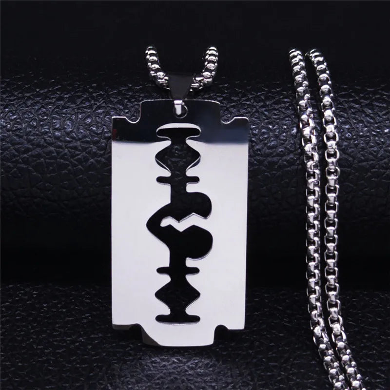 Gothic Blade Razor Pendant Necklace | Stainless Steel Black Goth Men's Chain
