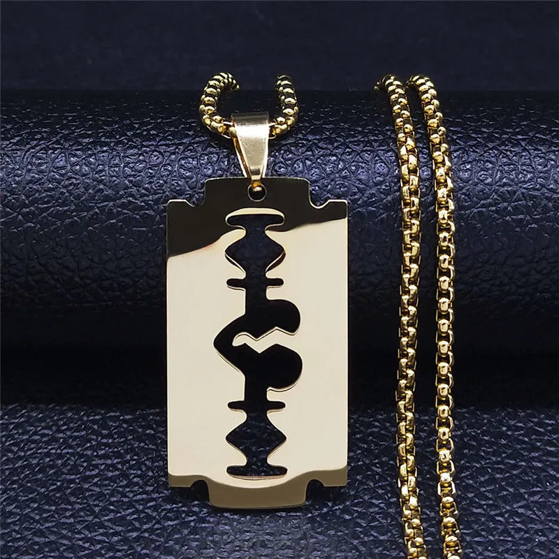 Gothic Blade Razor Pendant Necklace | Stainless Steel Black Goth Men's Chain