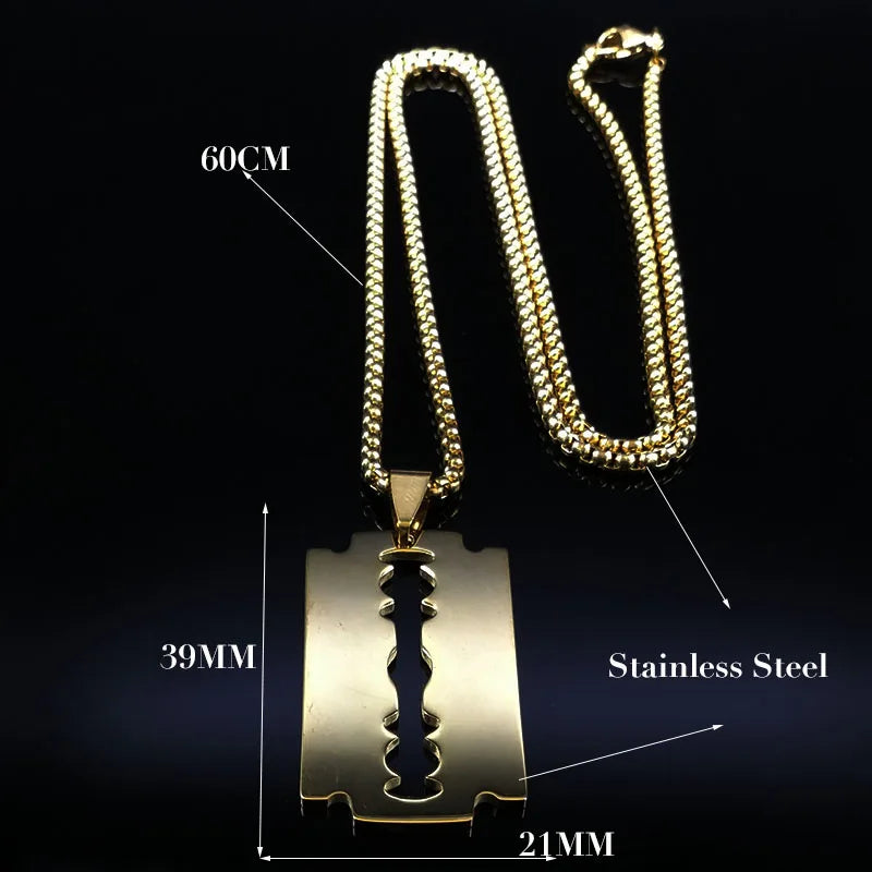 Gothic Blade Razor Pendant Necklace | Stainless Steel Black Goth Men's Chain