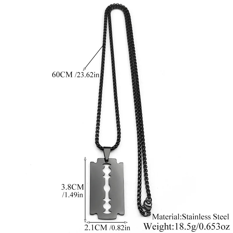 Gothic Blade Razor Pendant Necklace | Stainless Steel Black Goth Men's Chain