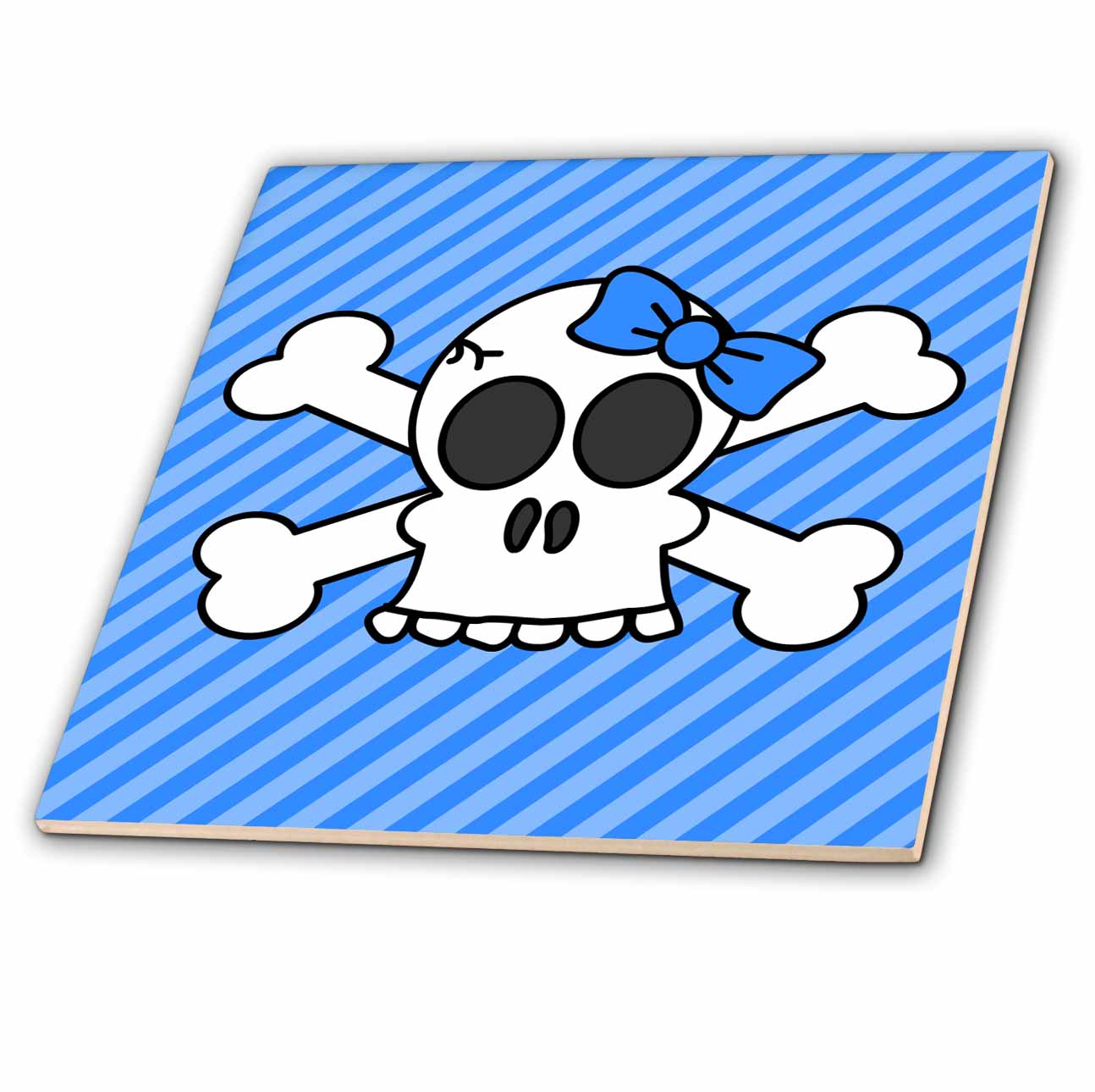 3dRose Janna Salak Designs Gothic - Cute Goth Punk Girl Skull with Bow and Crossbones Blue Stripes - Tiles (ct_24621)