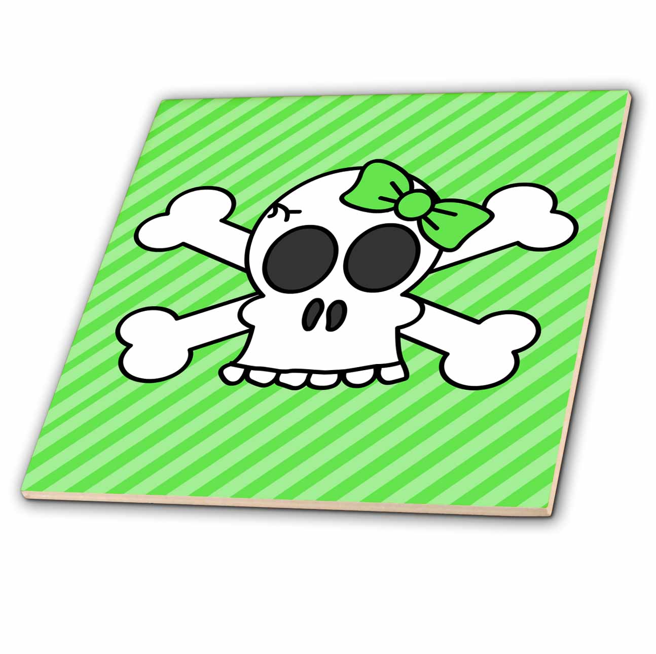 3dRose Janna Salak Designs Gothic - Cute Goth Punk Girl Skull with Bow and Crossbones Green Stripes - Tiles (ct_24622)