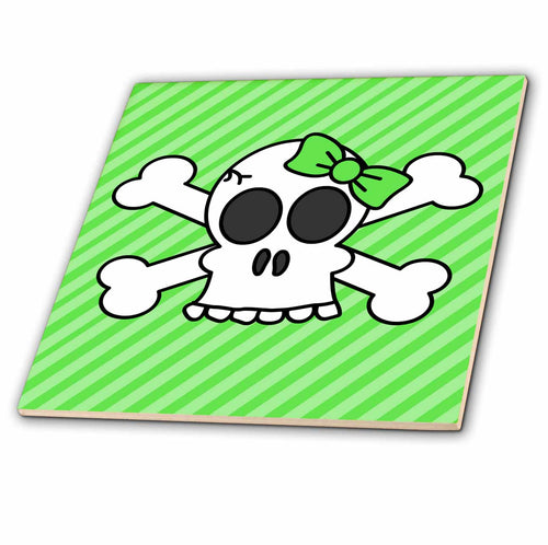 3dRose Janna Salak Designs Gothic - Cute Goth Punk Girl Skull with Bow and Crossbones Green Stripes - Tiles (ct_24622)